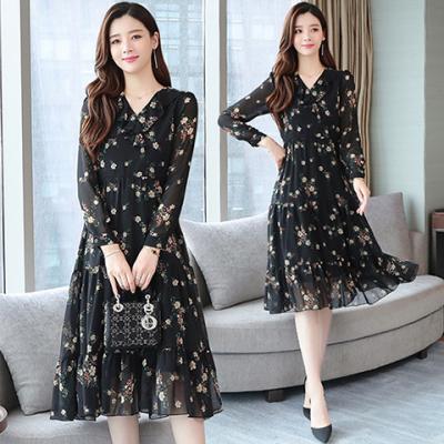 China 2022 Black Floral Midi Chiffon Summer Vintage Anti-Static Elegant Women Plus Size Boho Dresses Long Runway Party Sleeve Vestidos for sale