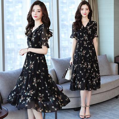 China 2022 Black Floral Midi Chiffon Summer Vintage Anti-Static Elegant Women Plus Size Boho Dresses Runway Short Party Sleeve Vestidos for sale