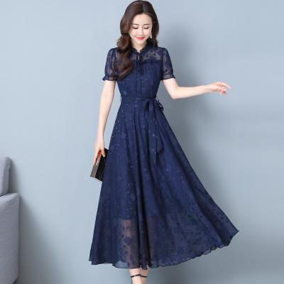 China 2022 Summer Solid Jacquard Anti-Static Chiffon Maxi Dress High Quality Vintage Plus Size Sundress Elegant Women Bodycon Midi Party Vestidos for sale