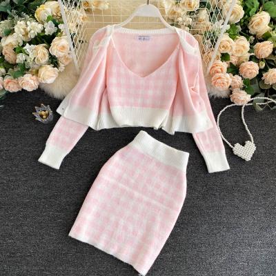 China Anti-Static Korean Candy Knit Cardigans+Plaid Camisole+Rims Coat+Vest+Mini Skirt Suits Women Outfits Short Sweater Girls 3pcs Sets for sale