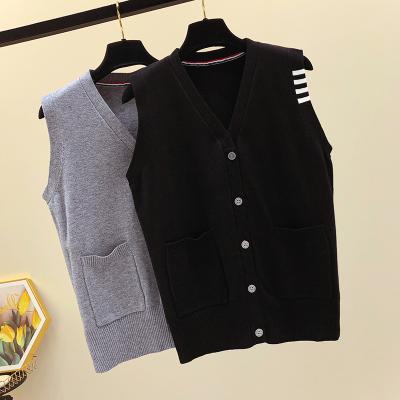 China Autumn V-Neck Houndstooth Sweater Women Black Sleeveless Casual Anti-Wrinkle Vest Cardigans Loose Knitted Fashion Jumper Vest for sale