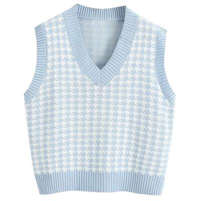 China Anti-wrinkle Spring Women's Houndstooth Plaid Sweater Vest Casual V-Neck Sweater Shirt Collision Sleeveless Color Knitted Clothes for sale