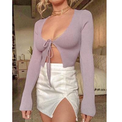 China Women's Cardigan Anti-Wrinkle Tie Knot Casual Ladies Short Slim Skinny Lace Up Deep Fit Solid V-Neck Female Knit Sweater for sale