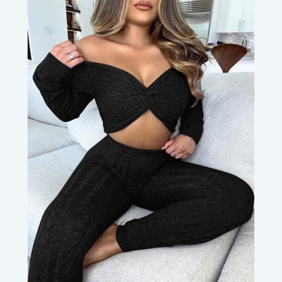 China New Sexy Knitted Anti-Wrinkle Sweater Wrap V-Neck Crop Top And Pants Two Piece Set Pencil Pants Black Leggings Burgunder Tracksuit for sale