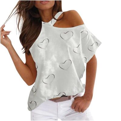 China Anti-Wrinkle Women Summer Blouses Round Neck Short Sleeve Print Strapless T-shirt Tops Casual Oversized Women's Summer Print Shirt Tops for sale