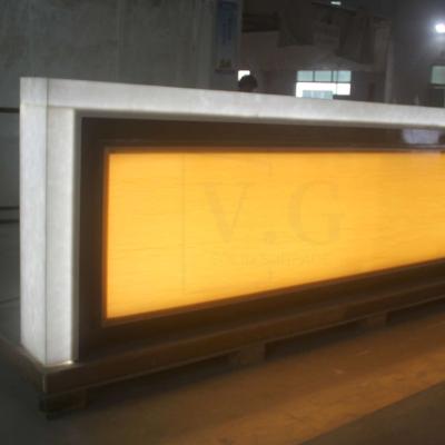 China Modern Customzied L Shape Solid Outdoor LED Beauty Salon Reception Restaurant Counter Reception Counter for sale