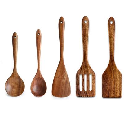 China Viable Wholesale 5 Piece Kitchen Utensils Brown Wooden Stirring Tool Kit for sale