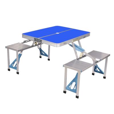 China Modern Cheap Garden Folding Tables Sets With Attached 4 Aluminum Chairs Siamese Table for sale