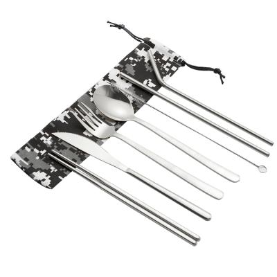 China Sustainable Travel Portable Stainless Steel Cutlery Set with Drawstring Bag for Outdoor Picnic Hiking Camping for sale