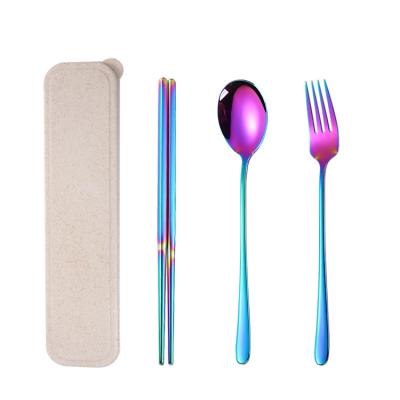 China Various Colors Style Stainless Steel Sustainable Korean Outdoor Camping Rainbow Portable Cutlery Set With Box for sale