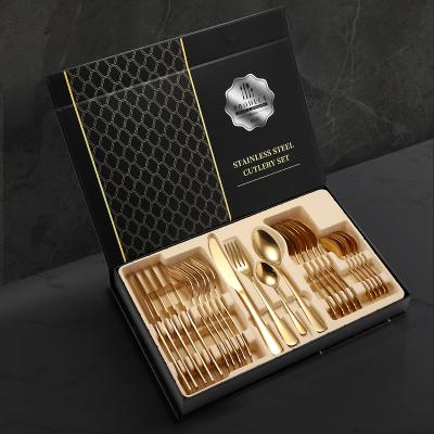 China Gold Cutlery Set Reusable Reusable Spoon Knife Fork Stainless Steel Flatware 24pcs Sets With Gift Box for sale