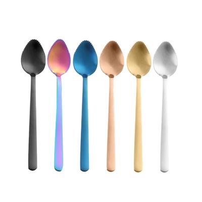 China Sustainable Food Grade Stainless Steel Scraping Spoon With Serrated Edge For Fruit Cup Puree for sale