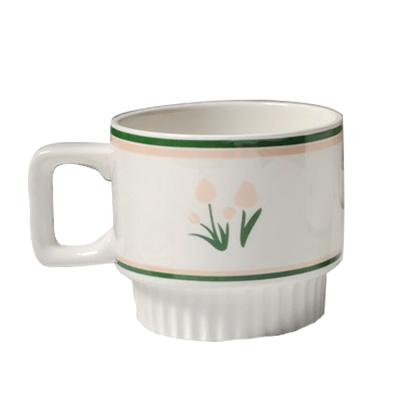 China Sustainable Coffee Mug Custom Ceramic Coffee Mug With Flower Pattern 300ml Coffee Cup With Handle for sale