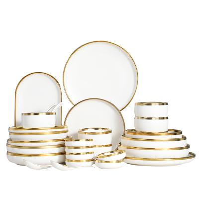 China Viable Luxury Nordic Porcelain Dinner Sets Matte White Ceramic Tableware Set With Gold Rim for sale