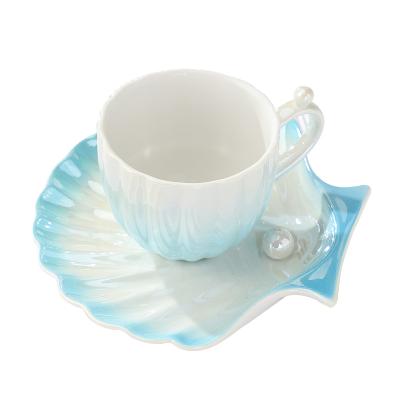 China Wholesale Creative Seashell Cups Porcelain Stocked Ceramic Tea Cups Set With Saucer for sale