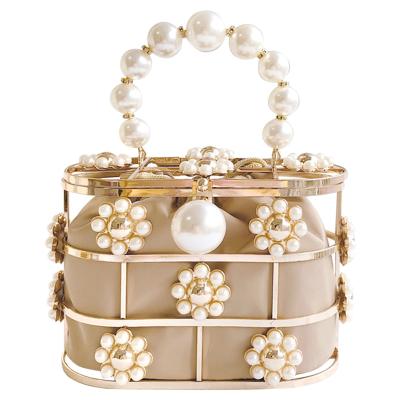 China KALANTA 2022 High Quality Pearl Flower Women Crystal Rhinestone Chains Evening Party Shoulder Lipstick Cosmetic Bag Set Dinner Luxury Handbag for sale