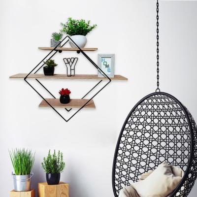 China 3 Tier Adjustable Layer (Height) Metal Quadrilateral Art Home Art Floating Frame Wall Shelves Wall Hanging Wooden Shelf With Metal Frame for sale