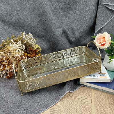 China Morden Handcraft Luxury Wholesale Decorative Vanity Mirror Tray Luxury Golden Rectangle Metal Mirror Tray for sale