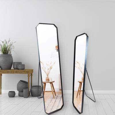 China Wholesale Minimalist Decorative Prismatic Floor Mirror Black Full Frame Metal Standing Mirrors For Bedroom for sale