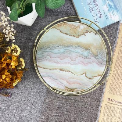 China Morden Luxury Hot Selling Decorative Round Marble Serving Tray Trending Design Golden Marble Serving Tray With Metal Handle for sale