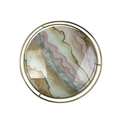 China Morden Luxury Wholesale Original Design Tray Antique Round Metal Marble Artificial Marble Serving Tray for sale