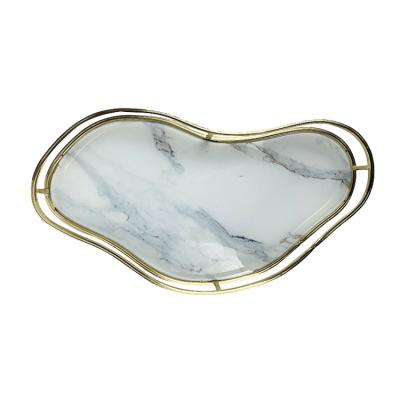 China Luxury Hot Sale Irregular Shape Tray Metal Frame Decorative Marble Serving Tray For Home Decor Morden Marble for sale