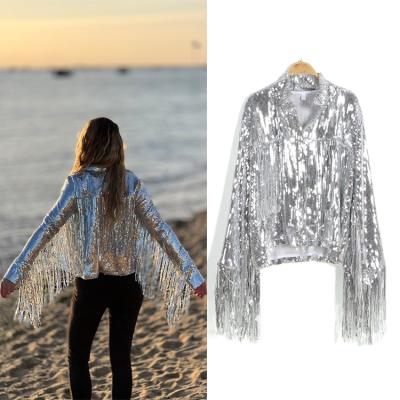 China YIZHIQIU Hip Hop Breathable Silver Black Red Gold Fringed Tinsel Women Fashion Tassel Sequin Jacket for sale