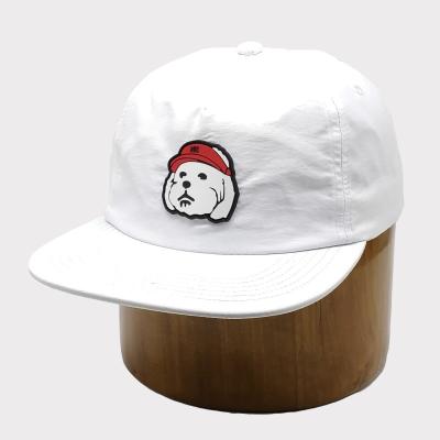 China breathable & Waterproof Custom Flat Brim Polyester Golf Hat White Cap With Rubber Patch Logo for sale