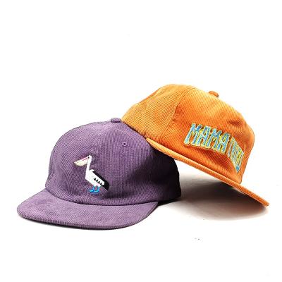 China Custom Embroidery COMMON Logo Flat Bill Unstructured 5 Panel Hat Corduroy Snapback Hats for sale