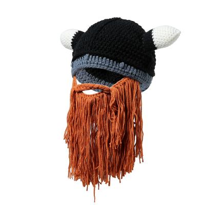 China JOINT Barbarian Wanderer Ox Horn Party Knitted Viking Beard Skullcap Hat for sale