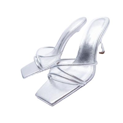 China 2021 New Summer Square Strap Sexy Head Heeled Sandals European High And American Open Toe Women's Shoes Slightly Heel Silver Women's Slippers for sale