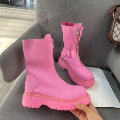 China Ladies Winter Round Boots Around Zipper Main Women's Martin Boots Whitee Western Leather Chunky Ankle Medium Cylinder Female Shoes for sale