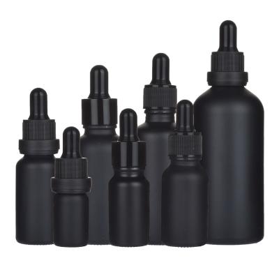 China Hot Sales 5ml 10ml 15ml 20ml 30ml 50ml 100ml Matte Black Frosted Personal Care Essential Oil Glass Dropper Bottles With Child Safe Cap for sale