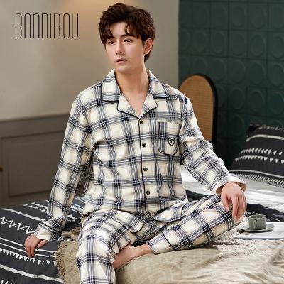 China Breathable Wholesale Cotton Male 100% Pajamas Set Spring Sleepwear For Man Grid Suits 2 Piece Home Clothes for sale