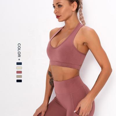 China 2021 New Women Antibacterial Gym Bra Ribbed Hollow Out Crop Sweatshirt Upper Back Sports Bra for sale