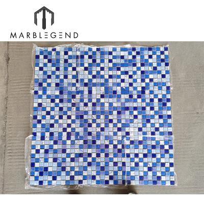 China Parquet Customize Blue And White Glass Mosaic For Swimming Pool Slab for sale