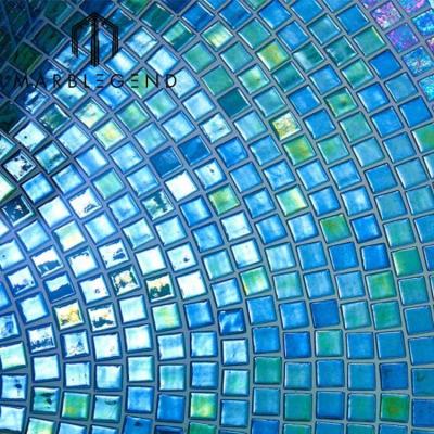 China Blue Aquatic Square Manufacturer Parquet Swimming Pool Flooring Ocean Glass Mosaic Slab for sale