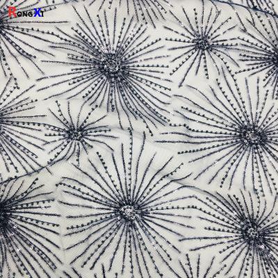 China RXF2234 Sequin Beaded Mesh Fabric 3mm Flower Design Jacquard Waterproof for sale