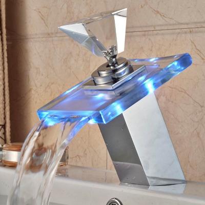 China Thermostatic Waterfall Spout Bathroom Basin Faucet Sink Glass Mixer Taps LED Chrome 1 Handle for sale