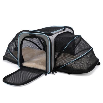 China Viable Cat Pet Airline Approved Expandable Soft Foldable Dog Carrier 5 Open Door Strips Reflective Cat Travel Bags for sale