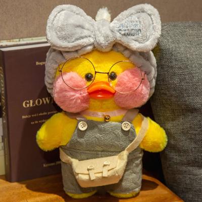 China 2022 Wholesale Plush 30CM Plush Customize Lalafanfan Duck Toy Hyaluronic Acid Yellow Duck With Headband Bag Glasses For Gift for sale