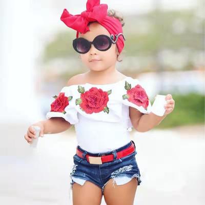 China ENGLAND STYLE Factory Wholesale China Online Kids Clothes Set Floral Printed Short Sleeve Top + Short Denim Pants 2 Piece Set For Girls for sale