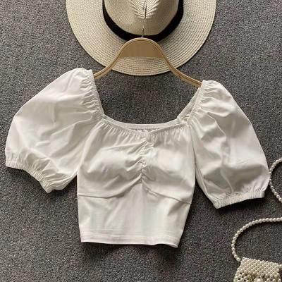 China New Fashion Girls Summer Cotton Breathable Solid V-neck Boutique Shirt 100% Short Sleeve Puff Shirt For Girls for sale