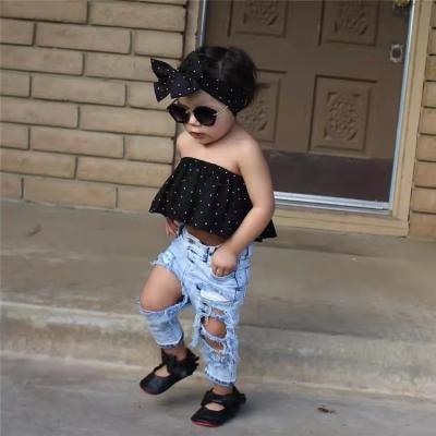 China ENGLAND STYLE Amazon Hot Selling Baby Girls Clothing Set Fashion Stitch Printed Sleeveless Top + Ripped Denim Pants 3 Piece Set For Kids for sale