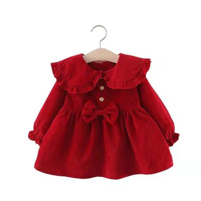 China Factory wholesale washable toddler girls spring autumn long sleeve dress fashion corduroy bow princess solid dress for kids for sale