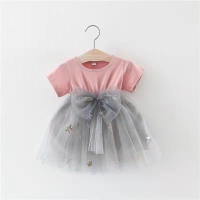 China New Fashion Washable Debut Girls Summer Dress Boutique Sleeve Patchwork Star Embroidery Mesh Princess Short Dress With Bow for sale