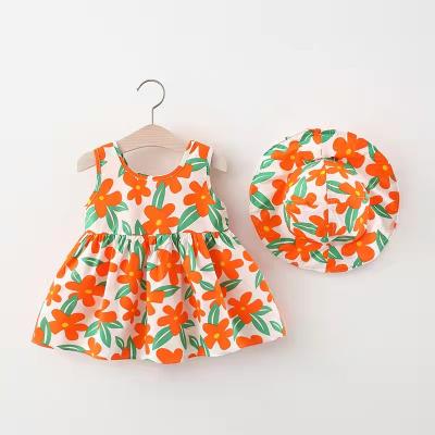 China Factory wholesale washable toddler girls summer dress fashion princess floral print sleeveless adorable dress with hat for sale