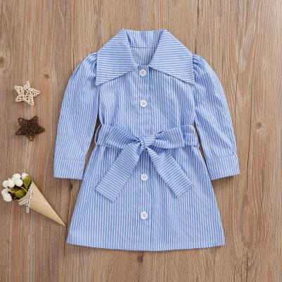 China New Fashion Washable Debut Girls Autumn Dress Boutique Turn-down Collar Long Sleeve Striped Shirt Single Breasted Dress With Belt for sale