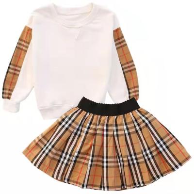 China ENGLAND STYLE wholesale toddler girls boutique plaid patchwork sweatshirt top with plaid skirt 2 pcs clothing set 2021 for sale