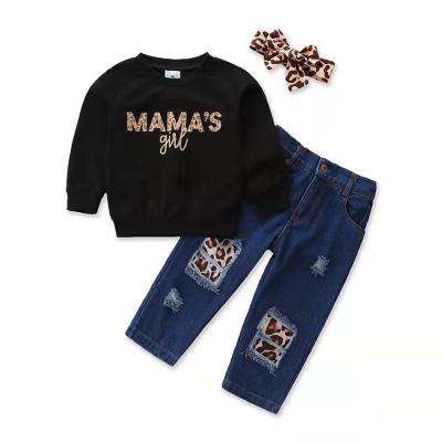 China ENGLAND STYLE Amazon Hot Selling Baby Girls Clothing Set Fashion Letter Printed Pullover Hoodie + Long Jeans 2 Piece Leopard Set For Kids 1-6T for sale